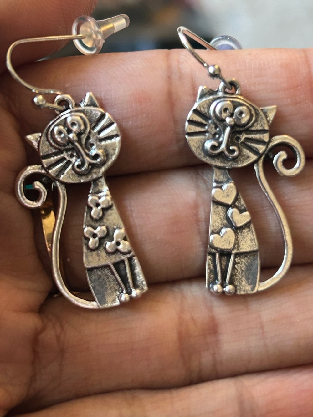 Silver Cat Dangle Earrings - Playful Cat Design
